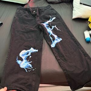 Black Pants with Blue and White Abstract Design